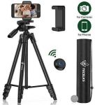 Lightweight Tripod 55-Inch, Travel/Video/Phone/Camera Tripod Stand with Bluetooth Remote, Phone Clip, Carry Bag and Replacement Battery for Travel/YouTube Video/Photography/Vlog