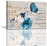 Butterfly Bathroom Decor Bible Verse Inspirational Wall Art Canvas Christian Home Decorations Blue Flower Prints Wall Pictures Artwork for Home Walls Grace Canvas Art Room Decor Framed 12x16inch